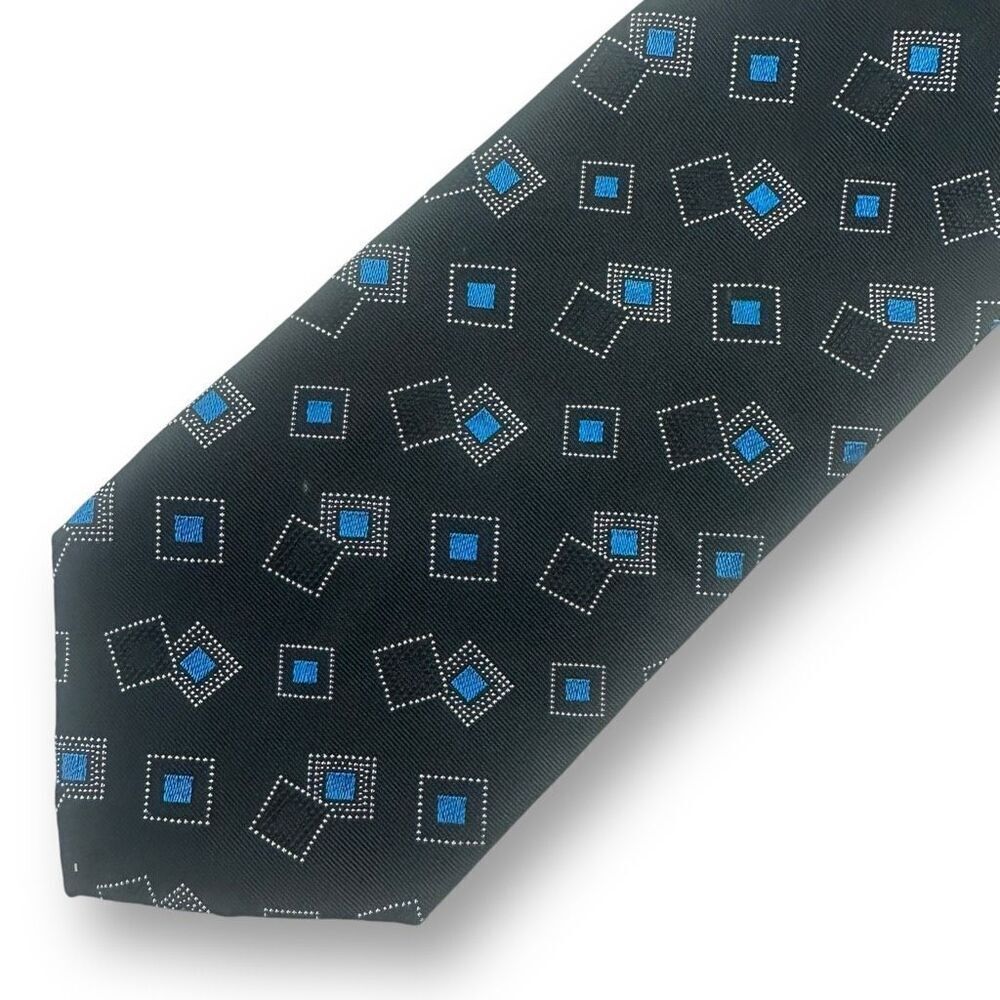 Robert Talbott Estate Handsewn 100% Silk Necktie Black Blue‎ Retro Square Print